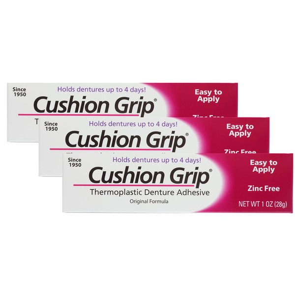 Cushion Grip Thermoplastic Denture Adhesive, 1 oz (Pack of 3) Make Your Denture Fit Snug Again for Up to 4 Days [Not a Glue Adhesive, Acts Like a Fitting Denture Liner]