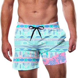 Cozople Men's Swim Trunks with Compression Liner 5.5 inch Lightweight Swimming Shorts National Style Totem Print Bathing Suit 2 in 1 Inner Outer Print Board Shorts XL Retro Blue