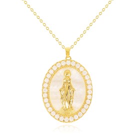 Gold Guadalupe Virgin Mary Necklace for Women 14K Gold Plated Cubic Zirconia Oval Pendant Necklace Mother of Pearl Mary Charm Necklace Adjustable Religious Amulet Jewelry Gift for Her
