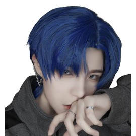 Full Wig, Men's Wig, Short Wig, Male Wig, with Net and Comb, Blue, Middle Part
