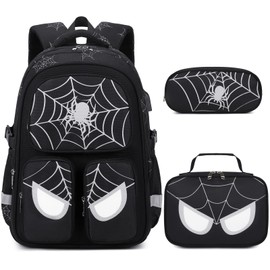 Jafeton School Backpack for Boys, 3 PCS Spider Boy Backpack Set with Lunch Box & Pencil Pouch, Waterproof Schoolbag for Boys Kids Children Teens, Elementary Middle School, Kids Bookbag Casual Daypack