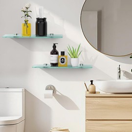 KOCOK 16 Inches Glass Shelf,Chrome Floating Glass Shelf for Wall Modern Stainless Steel Tempered Glass Wall Mount Shelves Accessories