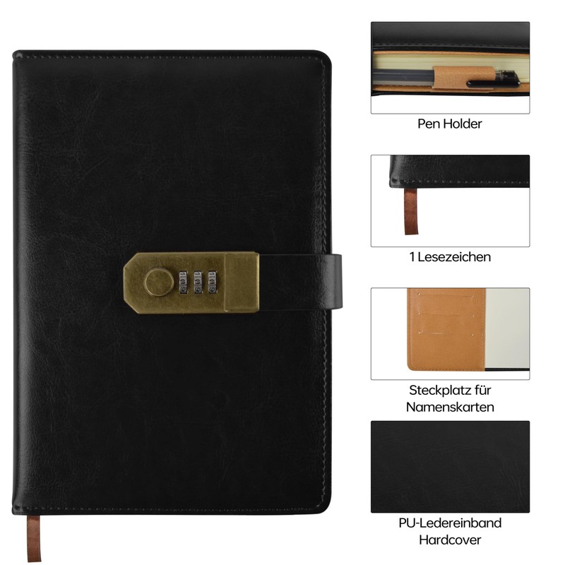 Qefuna Diary with Lock, A5 PU Leather Diary with Code,
