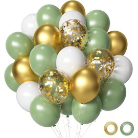 YoParty Green and Gold Balloons, 55pcs Set of 12 Inch Green, White, Metallic Gold & Confetti Balloons - Includes Ribbons and Glue Dots for Birthday, Baby Shower, Wedding Decorations