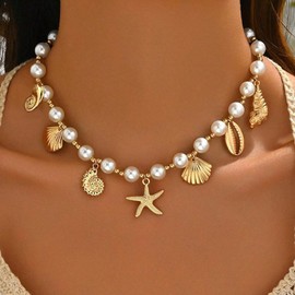 Seashell Necklace Beach Jewelry for Women Starfish Fish Necklace Boho Pearl Choker Sea Shell Necklaces for Women Beach Necklaces Summer Vacation Jewelry (Style6)