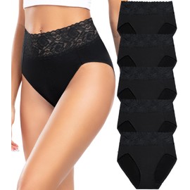 Wealurre Womens Underwear Cotton Bikini Panties for Women High Waisted Lace Hipster Stretch Briefs for Ladies 5 Pack(6005XL,Black)