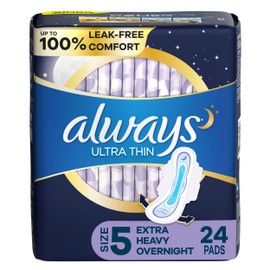 Always Ultra Thin Feminine Pads For Women, Size 5 Extra Heavy Overnight Absorbency, With Wings, Unscented, 24 Count