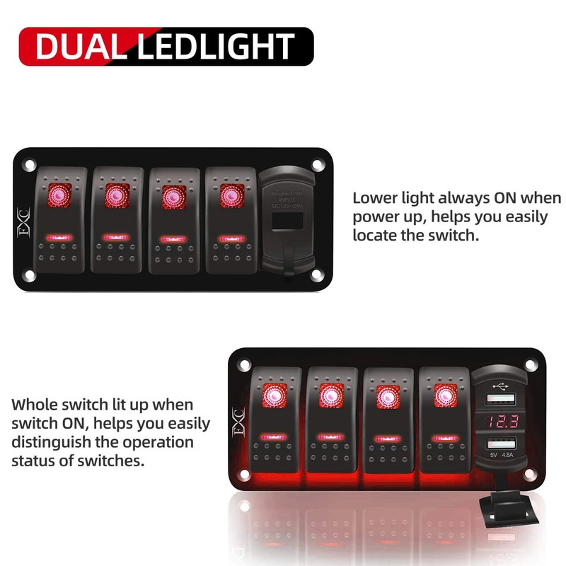 FXC 12V 24V DC 4 Gang Rocker Switch Aluminum Panel