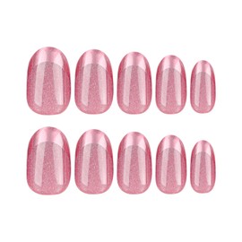 Cat Eye French Press on Nails Short Oval Shaped False Nails Artificial Acrylic Nails Pink Purple Colors Design French Fake Nails 24Pcs Full Cover Glossy Reusable Coffin Nails Glue on Nails for Women