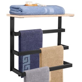 NearMoon Hanging Towel Rack for Bathroom, Thicken Metal Towel Holder with Wood Shelf, 3-Tier Towel Bar Storage, Wall Mounted Towel Hangers Bathroom Decor Organizer Accessories (16 Inch, Matte Black)