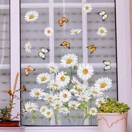 LOONELO Spring Summer Window Stickers, Daisy Floral Butterfly Window Clings, Double-Sided Seasonal Nature-Inspired Flower Glass Door Window Decals for Bedroom Living Room TV Office Home Decorations