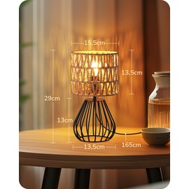 EDISHINE Small Rattan Table Lamp, Industrial Bedside Lamp, Handwoven Paper Rope Lampshade, Metal Waterdrop Cage, Boho Nightstand Light for Living Room, End Table, Office, 2700K G45 LED Included
