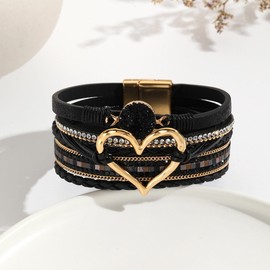 VIBILIA Boho Leather Wrap Bracelets for Women Heart Multi-Layer Bracelets with Strong Clasp Jewelry for Women-Black
