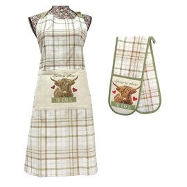 Highland Cow Kitchen Set, Cotton Blend Apron and Double Oven Glove, White and Green Plaid Pattern with 'Home is Where the Herd is' Design