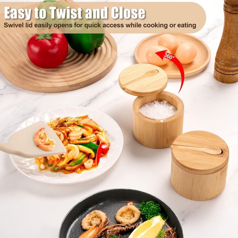 Salt Container Set of 2 - Round Bamboo Salt Cellar
