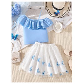 MakeMeChic Girl's 2 Piece Outfits Ruffle Tiered Cami Top and Butterfly Print Mini Skirt Sets Blue and White 9Y