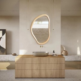 TheiaMo 35"x24" Wood Wall Mirror, Rustic Asymmetrical Bathroom Mirror with Wood Frame, Farmhouse Vanity Mirror for Living Room, Bedroom, Entryway, Shatterproof, Vertical/Horizontal, Solid