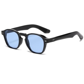 Long Keeper Small Square Sunglasses for Women Men Rerto Sunglasses Vintage Trendy Rectangle Thick Frame Travel Sun Glasses UV400 Protection (Black Blue)