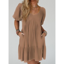 Acelitt Women's Summer Dresses 2025 Beach Casual Deep V Neck Loose Sundress Short Sleeve Mini Dress with Pockets Brown Medium