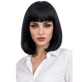 Morvally Peluca corta y recta resistente al calor con flequillos rojos de aspecto natural para disfraz de cosplay, pelucas diarias, 2# negro, 14''