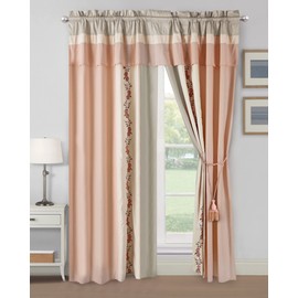 Chezmoi Collection Linnea 4-Piece Luxury Blush/Neutral/Taupe Cherry Blossom Floral Embroidery Window Curtain Panel Set with Sheer Backing Valance Tassels, 120 inch x 84 inch