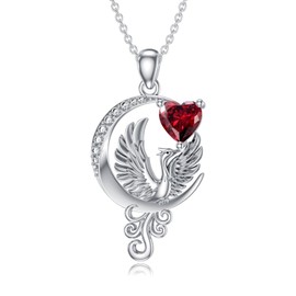 MUUYON Halskette mit Mond-Phönix-Anhänger und Herz, Granat, Geburtsstein, Phönix-Schmuck, Geschenk