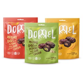 DORREL - Trio Bundle Pack: Belgian Dark Chocolate Covered Dates (Medjool) with Candied Orange Peels, Pistachio & Walnuts Stuffing, High Energy Vegan Choco Snack, Kosher & Non-GMO Pack of 3, 7.05 oz Ea