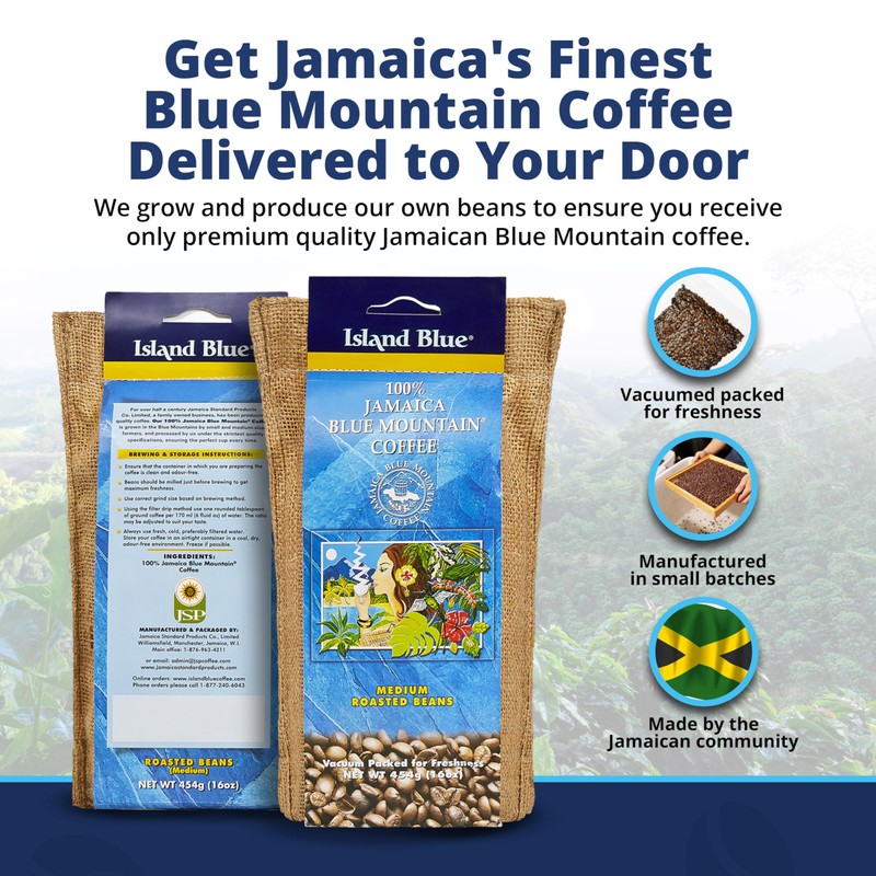 Island Blue 100% Jamaica Blue Mountain Whole Beans Coffee (16oz)