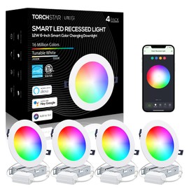 TORCHSTAR Smart Recessed Lighting 6 inch with J-Box, Wi-Fi Bluetooth Color Changing RGBCW Smart Downlight, Voice Control with Alexa & Google Assistant, Siri, CRI 90+, ETL & ES Listed, 4 Pack
