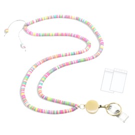 Retractable Beaded Teacher Lanyard for Women with Id Holder Badge Reel Cute Lanyards for Id Badges Cruise Ship Cards Keys, Boho Candy Pink