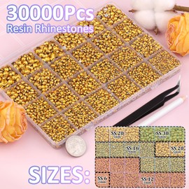30000Pcs Mine Gold Rhinestones for Bedazzling with B7000 Jewelry Glue, Bedazzler Kit Bulk Flatback Gems, Resin Rhinestones for Crafting Crafts Clothing Shoes Fabric Nail Art Assorted Size 2/3/4/5/6mm