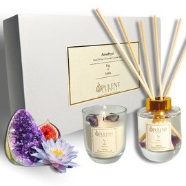 Crystal Scented Candle & Reed Diffuser Set with Amethyst | Fig & Lotus Aroma by Opulent Scents | 100% Natural Soy Wax & Oil | Gifts for Home Relaxation & Serenity