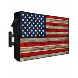 LBCASA American Flag Outdoor TV Cover 30 to 32 Inch Weatherproof, Vintage Red Stripes Wooden 600D Oxford TV Covers with Zipper, USA Flag Outside Flat TV Screen Protector Size 30"W x 19"H x 4.5"D