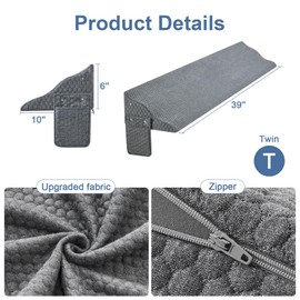 Yojoker Twin Size Bed Wedge Pillow for Headboard Gap, Wedge Pillow Headboard with Side Pockets and Wave Contour, High-Density Foam Bed Gap Filler (0-6"), 39x10x6 Inch, Gray