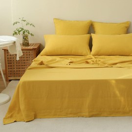 Simple&Opulence 100% Linen Sheet Set 4pcs Basic Style, Deep Pocket, Natural French Washed Flax Solid Color Soft Breathable Bed Sheets - Mustard Yellow, Full
