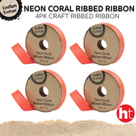 [4PK] Krafters Korner Neon Coral Ribbed Ribbon, 15mm x 4m for Gift Wrapping, DIY Crafts and Decoration