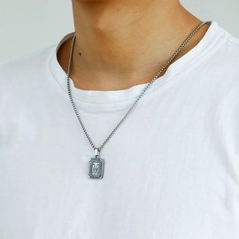 Silver Initial Pendant Necklace for Men Women, A-Z Stainless Steel Letter Pendant Necklace Square Capital Initial Letter Necklace