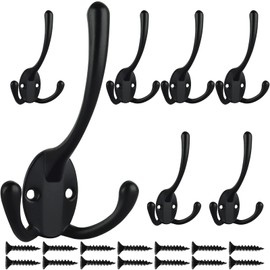 7 Pack Big Heavy Duty Triple Coat Hooks Wall Mounted with 14 Screws, Retro Double Utility Rustic Hooks for Thick Coat, Bag, Towel
