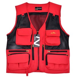 Ziker Men's Mesh Breathable Openwork Camouflage Journalist Photographer Fishing Vest Waistcoat Jacket Coat (US, Alpha, Medium, Regular, Regular, Red)