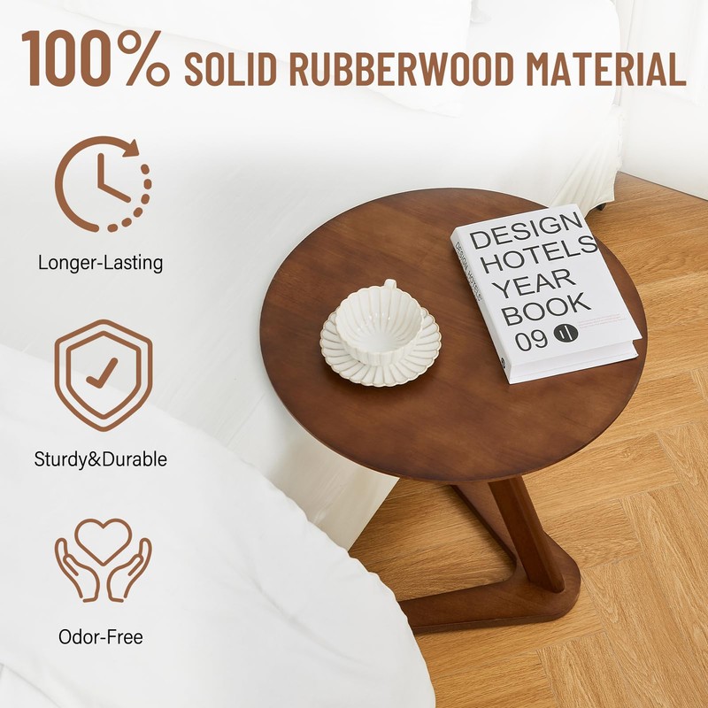 Uniclinens C-Shaped Solid Wood Round End Table, Side Table for