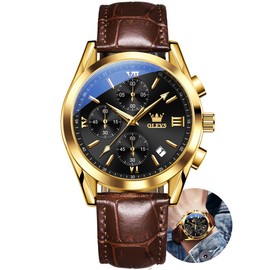 OLEVS Mens Watch with Leather Band, Dress Watches for Men, Brown Watch Men, Mens Leather Watch, Mens Gold Watch Leather Strap, Waterproof Analog Date Luxury Large Face Big Fashion Men's Wrist Watch