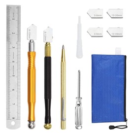 SPEEDWOX Glass Cutter Tool Kit 2mm-20mm Pencil Style Oil Feed Carbide Tip with 4 Replaceable Blades Tungsten Carbide Tip Scriber Oil Dropper Screwdrive Steel Ruler Stained Glass Cutter Tool