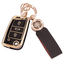 Koaudb Car Key Cover Fit for VW Volkswagen Golf 7 Polo MK6 Jetta Touran Superb Rapid Seat Leon 3 Buttons Key Fob Case Soft TPU Car Key Shells with Leather Keychain Lanyard Black Gold (C-BP-Vlw-3B)