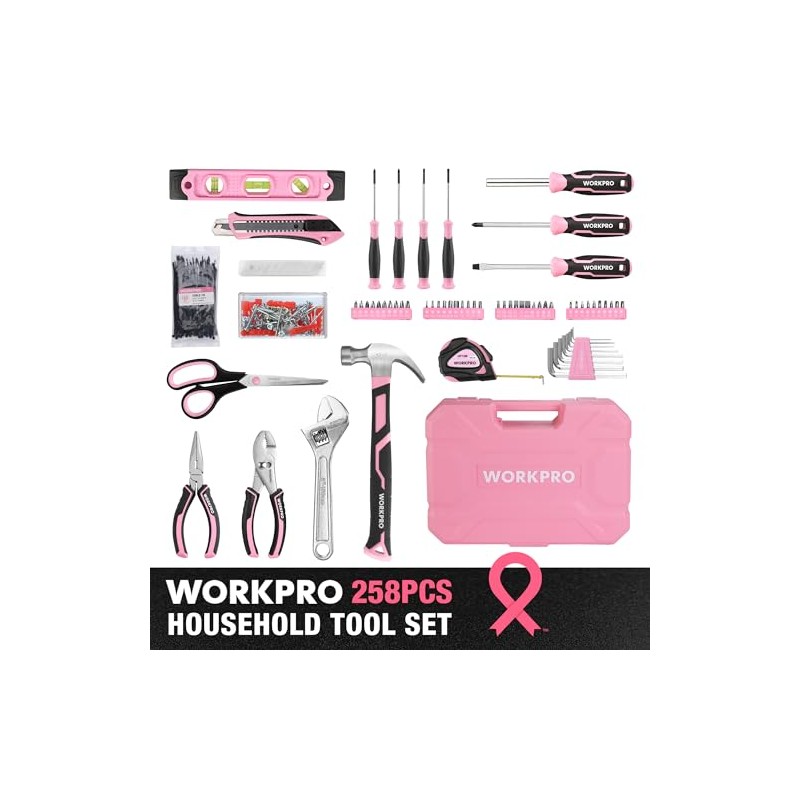 WORKPRO Pink Tool Set, 258 PCS Tool Kit for Women,