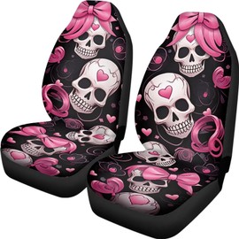 Rucaresri Funny Pink Skull Pattern Auto Seat Covers Front Seats 2 Piece Soft Stretchy Fabric Seat Bench Covers Universal Car Interior Protection Set