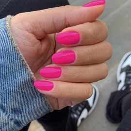 Hot Pink Nails Press on, Neon Short Oval Round Press on Nails, SXVME Fushia Glue on Nails Short Almond Fake Nails, Best Acrylic False Nails, Solid Colored Stick on Nails for Women 24Pcs Gel Nails