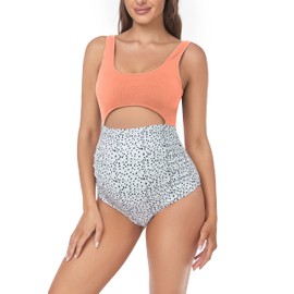 EastElegant Maternity Cutout One Piece Swimwear Ploka Dots Print Pregnancy Bathing Suit, Pink, Medium