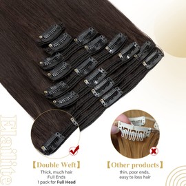 Elailite Clip-In Real Hair Extensions, 30 cm, 115 g, Straight, 8 Wefts, Thick Weft, #2 Dark Brown, 7A Remy Hair Extensions