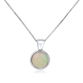 Natural white opal 8mm round pendant with white gold over 925 sterling silver bezel cabochon plate and box chain, real genuine dainty october birthstone gift for her, uniquelan jewelry (fire-opal)