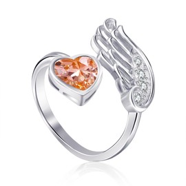 Qings Citrine Birthstone Ring Sterling Silver Feather Guardian Angel Wing Adjustable Open Rings Topaz Heart Gemstone Birthstone Promise Rings for Mummy November Birth Stones Jewellery Gifts